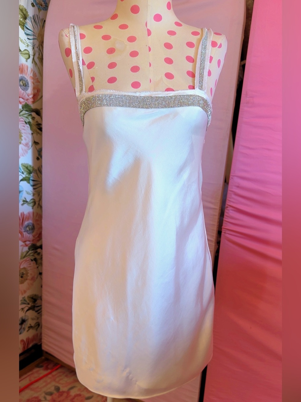 Zara White Mini Slip Dress with Crystal Trim